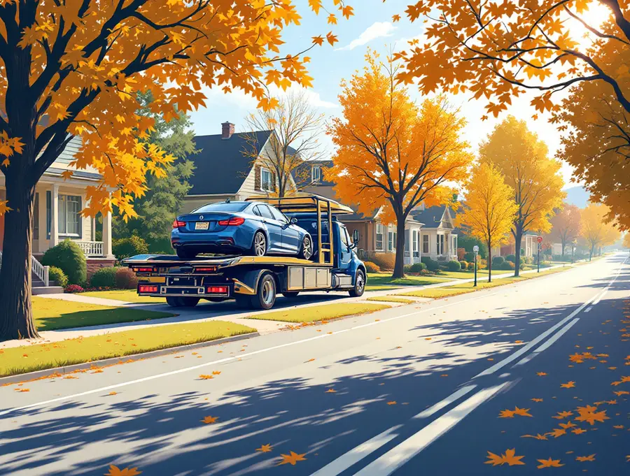 Car carrier unloading at residential street curb