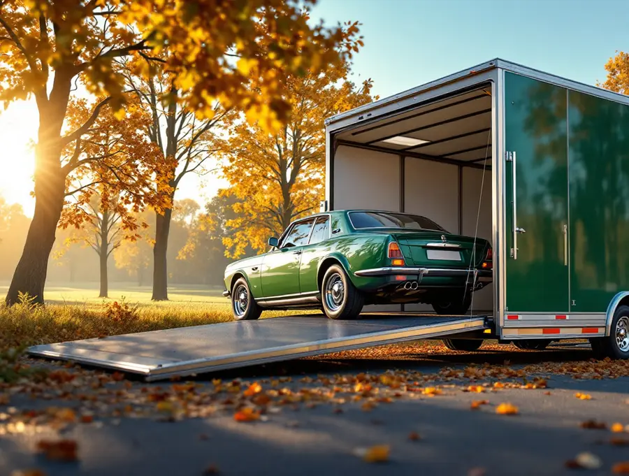 Luxury car inside an enclosed trailer