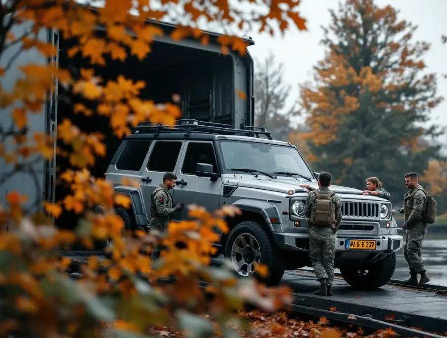 sedan on trailer near military base entrance